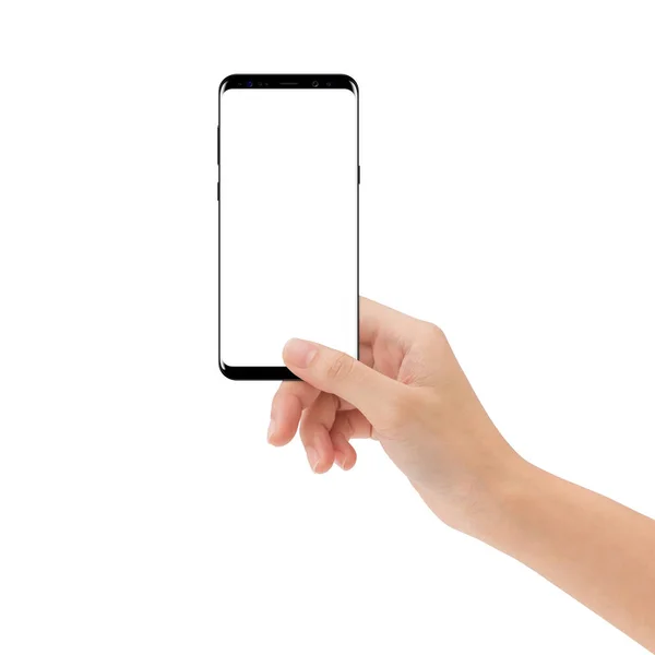 Mão segurar novo telefone inteligente isolado no fundo branco — Fotografia de Stock