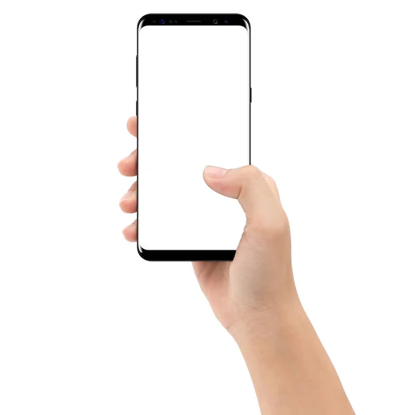 Mão segurando telefone celular isolado no clipping fundo branco — Fotografia de Stock