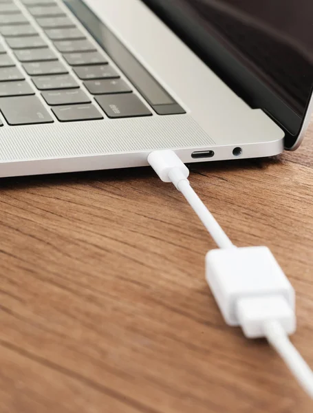 USB-C кабельного типа подключение к ноутбуку — стоковое фото