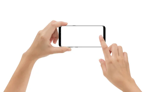 Mão segurando celular smartphone e tela tocante isolado em w — Fotografia de Stock