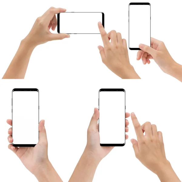 Holding ve telefon telefon seti üzerinde beyaz bac izole dokunmadan el