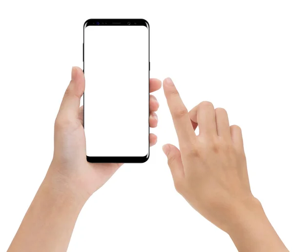 Primer plano de la mano y tocar en el teléfono móvil aislado blanco b —  Fotos de Stock