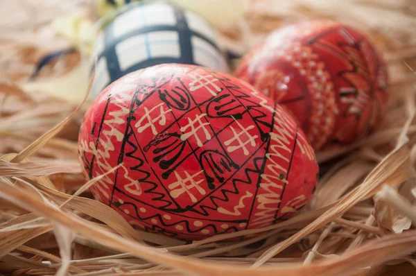 Huevos de Pascua decorativos al aire libre en la hierba —  Fotos de Stock