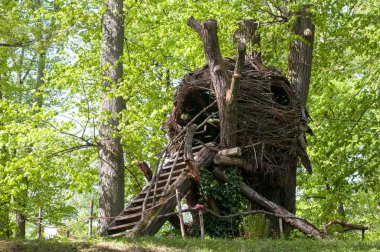 Ormanın içinde merdiven ile ahşap kulübe