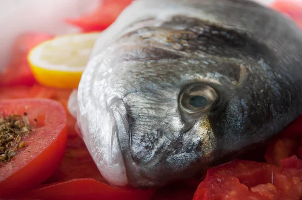 料理にトマトとレモンの生の鯛 — ストック写真