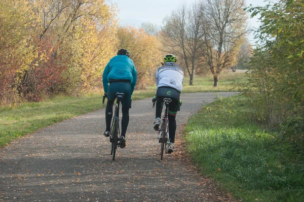 Two men with bicycle training on the road in autumn — Stock Photo, Image