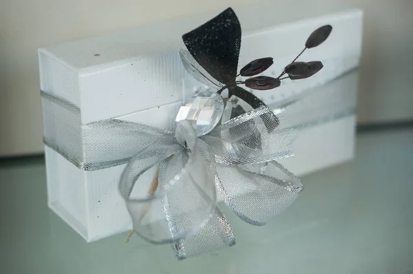 Silver decoration on gift for christmas — Stok fotoğraf