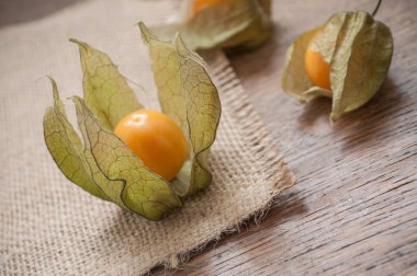  Physalis ahşap masa arka plan üzerinde