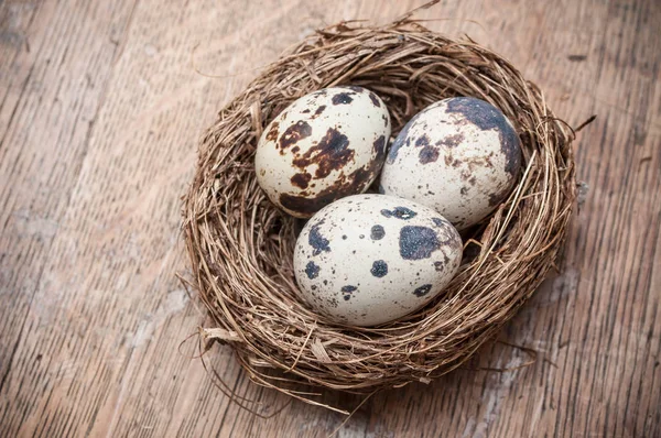 Kwartel eieren in nesten top uitzicht op houten tafel achtergrond — Stockfoto