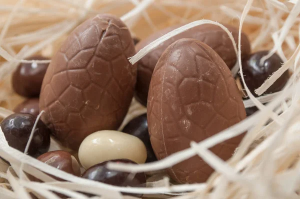 Huevos de chocolate de Pascua en un nido — Foto de Stock