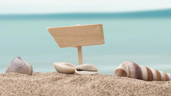 Concept panneau en bois sur la plage recouvert de coquillage — Photo