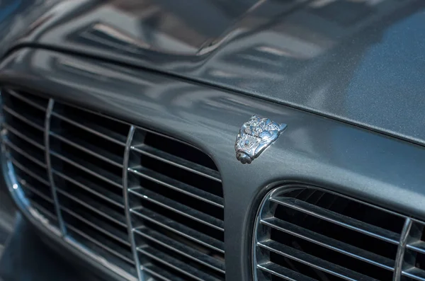 Venta al por menor del logotipo soberano de jaguar en la parte delantera del coche gris estacionado en la calle — Foto de Stock