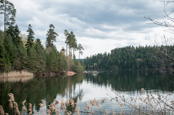Bulutlu gökyüzü ile baharda güzel göl Panorama 