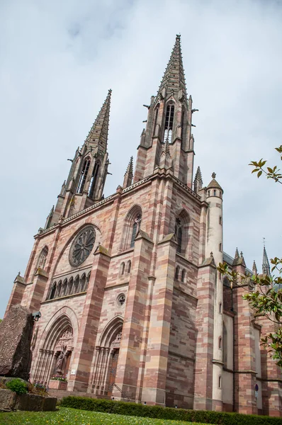 Widok Saint Pierre Katedry Starego Miasta Obernai Alzacji Wieś Francja — Zdjęcie stockowe