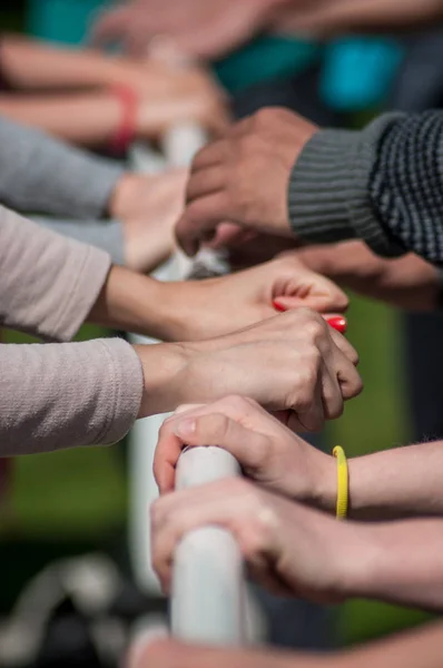 Women hands on wooden barr at classic dance event — Stock Photo, Image