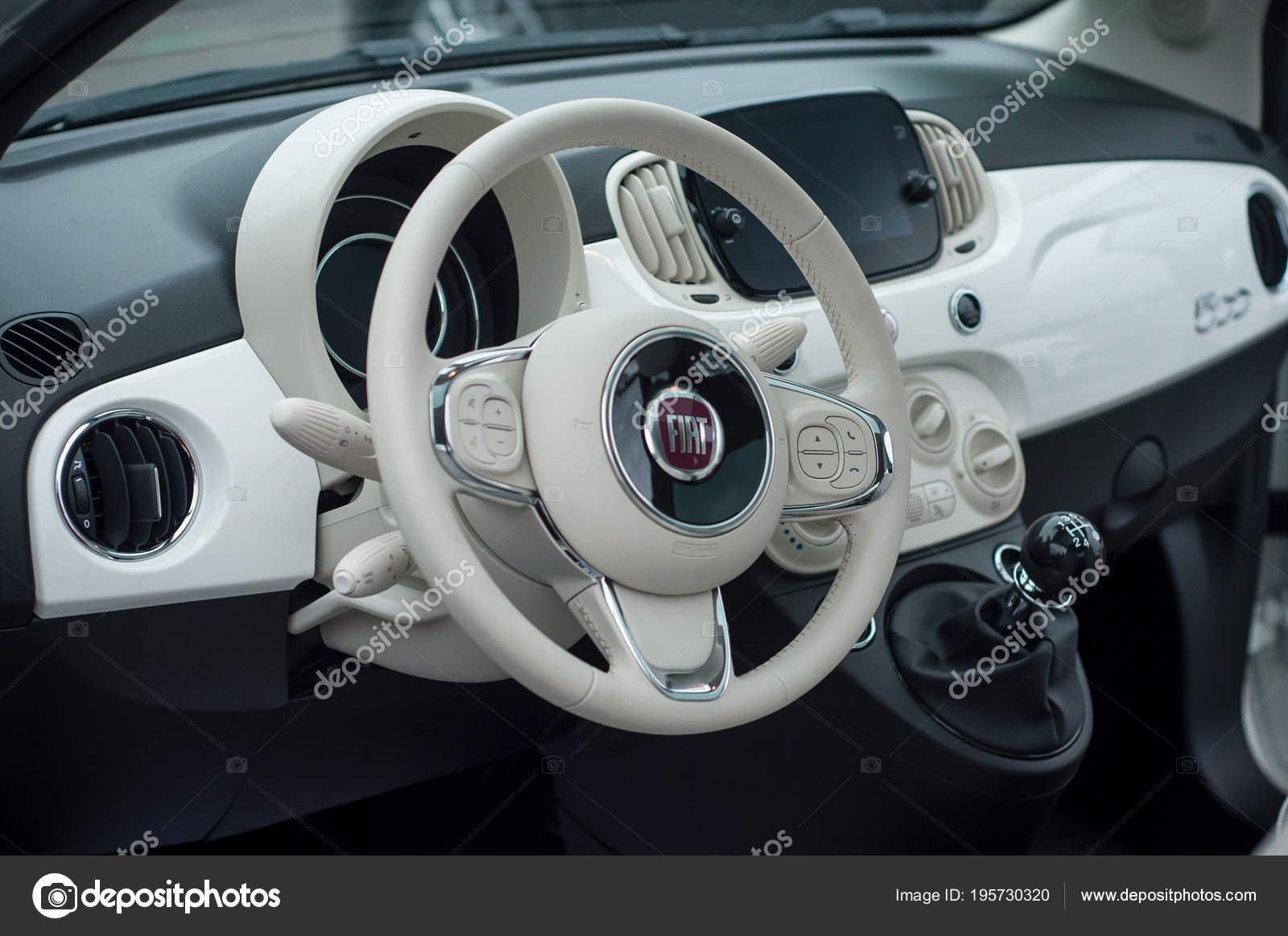 Fiat 500 Beige Interior Dashboard In Showcase Stock