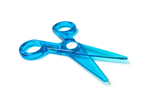 Closeup of blue plastic scissors on white background — Stock Photo, Image