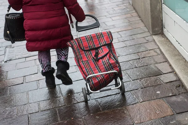 Close-up van oude vrouw lopen in de straat met een trolley — Stockfoto