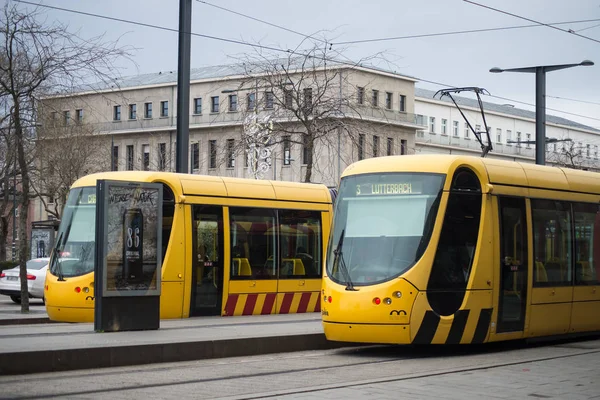 Tramway parked in front of the train station — Stock Photo, Image