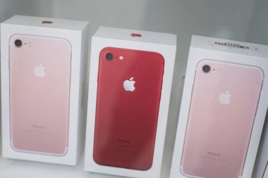 Closeup of Iphone boxes colllection in apple store showroom