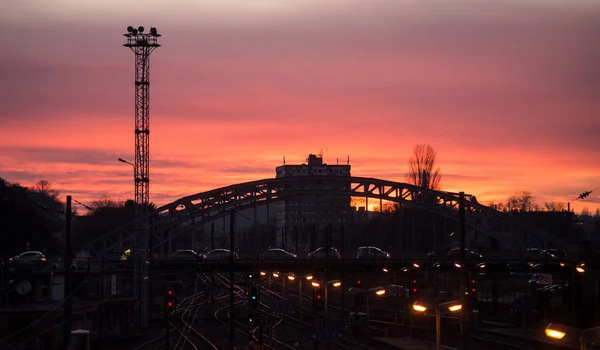Uitzicht op het stadsgezicht van Mulhouse in Frankrijk met spoorwegen en brug — Stockfoto