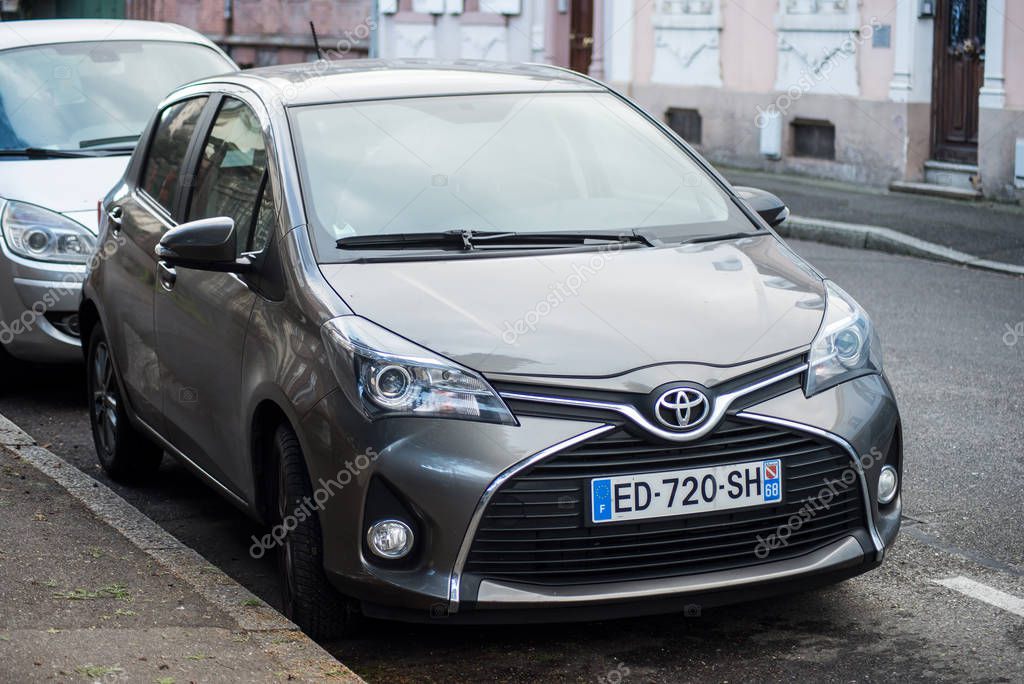 Mulhouse - france - 18 January 2020 - Front view of grey Toyota Yaris  Parked in the street