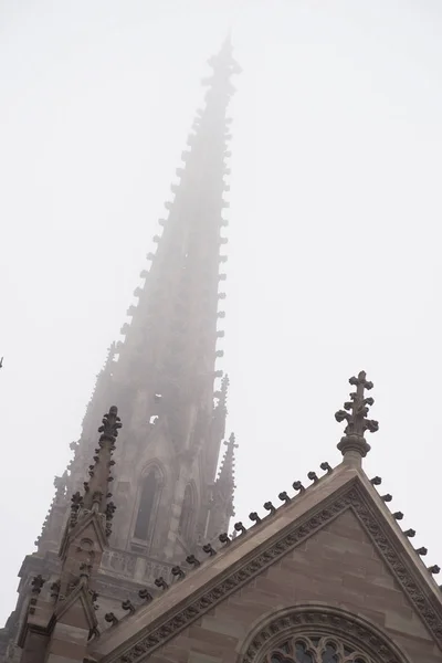 Utsikt över St Etienne Temple av dimmig dag i Mulhouse - Frankrike — Stockfoto