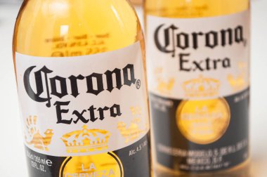 Beyaz arka planda Corona bira şişeleri, meşhur Meksika birası.