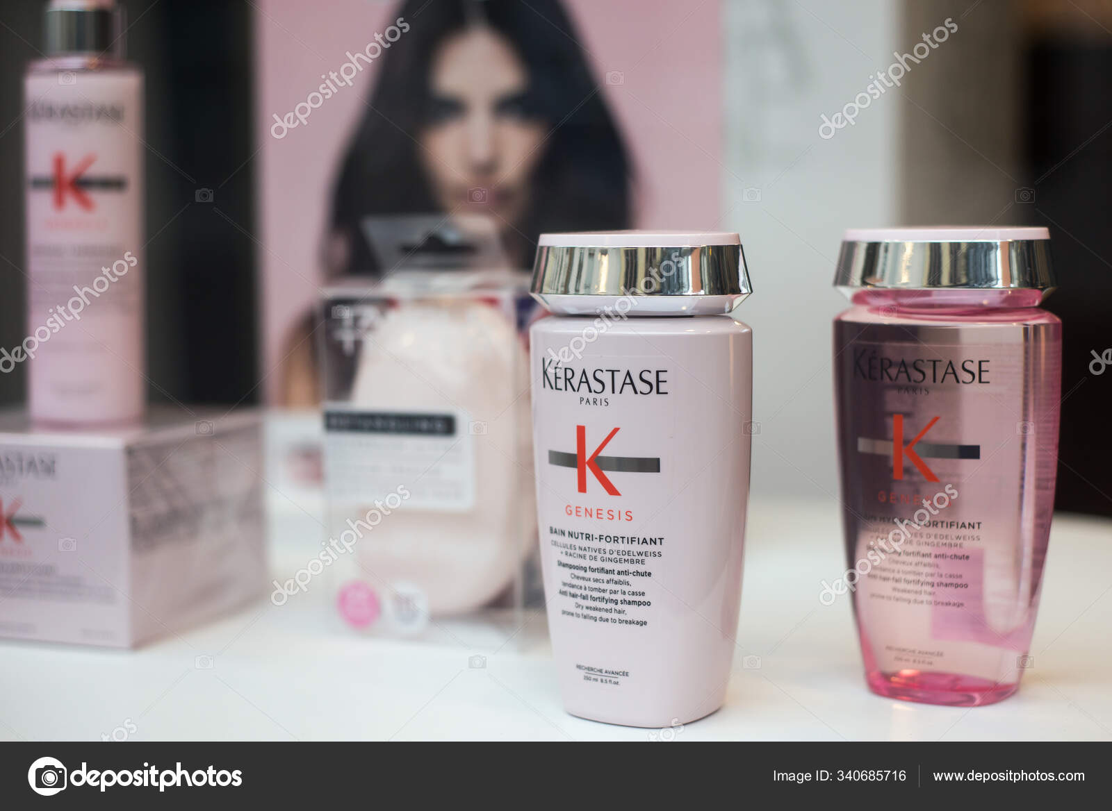 Pink shampoo and lotion bottles by Kerastase brand in a hairdresser store showroom – Stock Editorial Photo NeydtStock #340685716