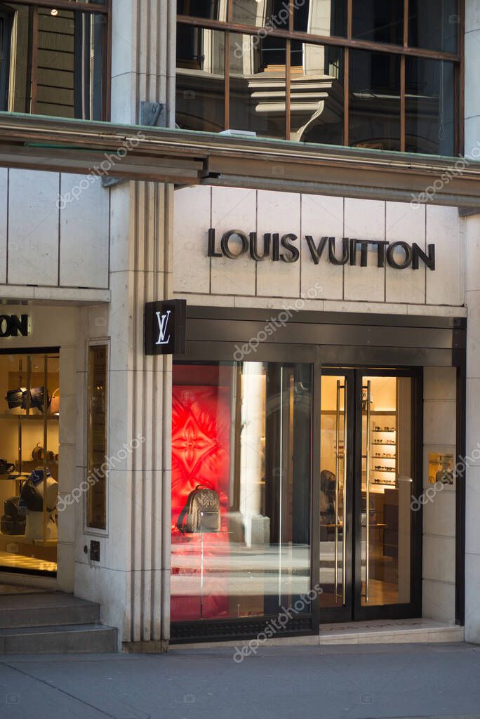 Basel - Switzerland - 7 February 2020 - View of Louis Vuitton store showroom in the street, Louis Vuitton is the famous  french brand of luxury handbags