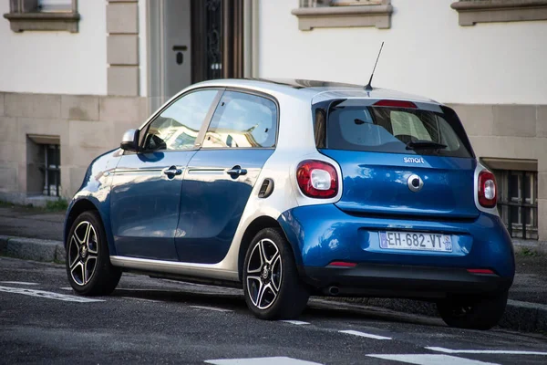 Mulhouse France 2020 Rear View Blue Smart Car Parked Street — 스톡 사진