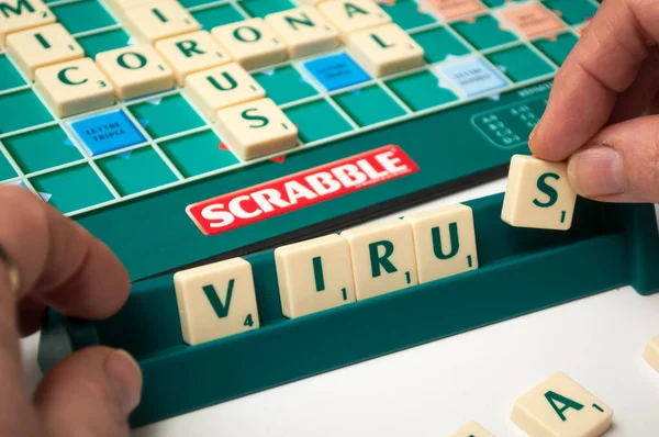 Mulhouse France March 2020 Closeup Word Forming Scrabble Game Letters — Stock Photo, Image