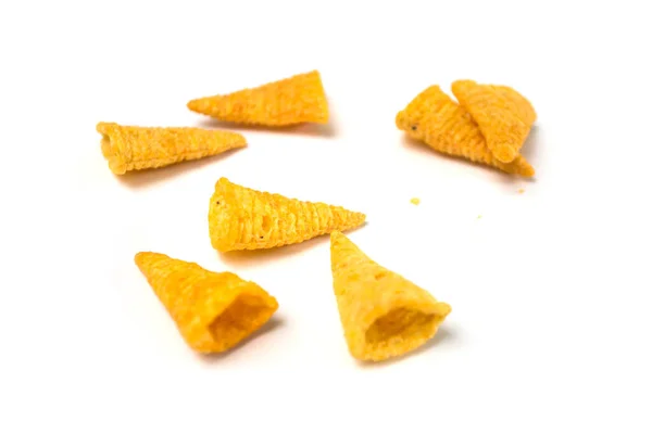 Closeup Bugles Salted Appetizers Pile White Background — Stock Photo, Image