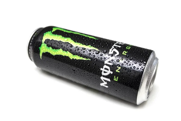 Mulhouse France April 2020 Closeup Drops Water Monster Energy Drink — Stock Photo, Image