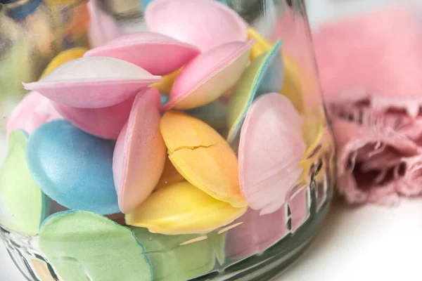 Closeup Pastel Flying Saucers Glass Container — Stock Photo, Image