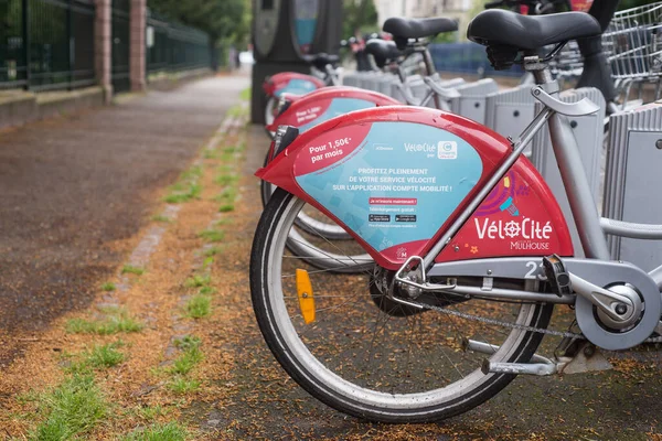 Mulhouse France May 2020 Closeup Red City Bicycle Alignment Sharing — Stock Photo, Image