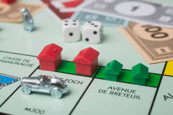 Mulhouse - France - 16 May 2020 - Closeup of the famous fast-dealing property trading monopoly board game 