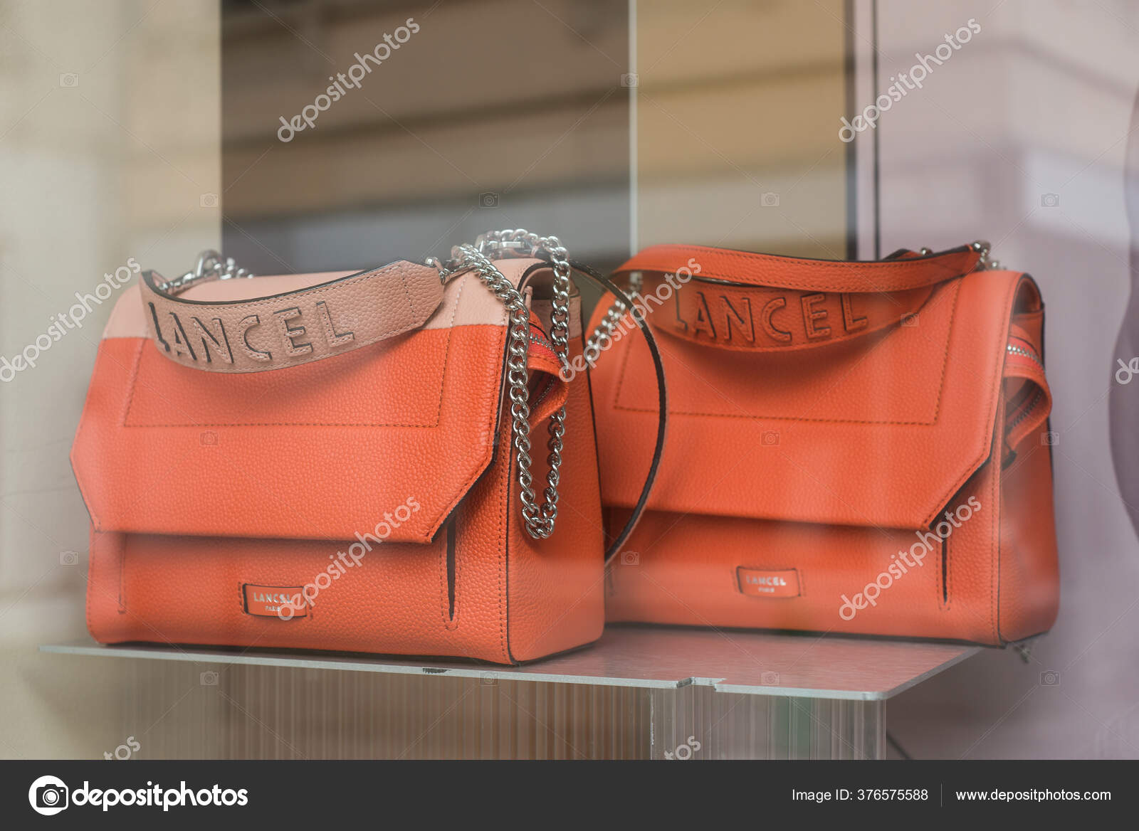 Mulhouse France May 2020 Closeup Orange Color Leather Handbags