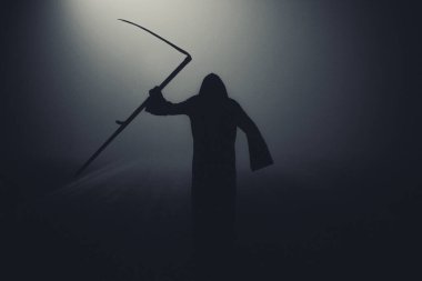 Ölüm Meleği iskeleti siyah bir cübbe giyiyor ve tırpan kullanıyor, Memento Mori, Coronavirus, Salgın Zaman