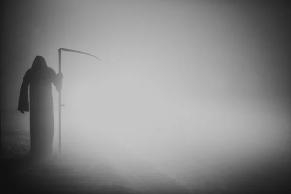 Death Grim Reaper Skeleton Wearing Black Robe Wielding Scythe Memento — Stock Photo, Image