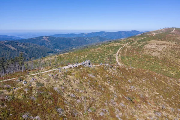 Vista Aérea Das Montanhas Polonesas Beskid Trilha Skala Malinowska Skrzyczne — Fotografia de Stock