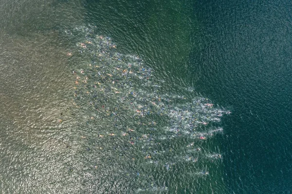 Triathlon Swimming Contest Lake Swimmers Competition Aerial Drone Photo — Stock Photo, Image