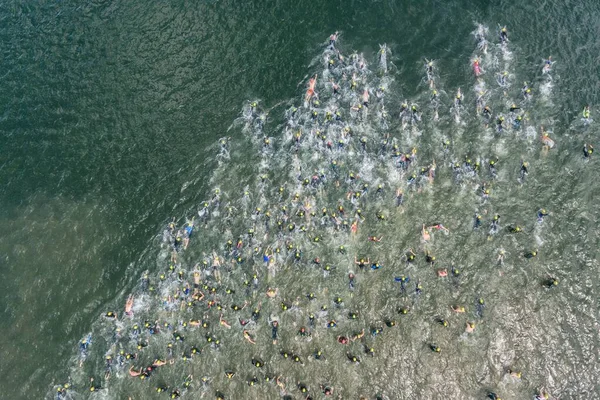 Triathlon Concurso Natação Lago Nadadores Competição Aérea Drone Foto — Fotografia de Stock