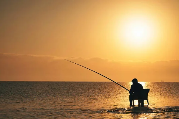 Fisherman Catches Fish Sunrise Mediterranean Sea — Stock Photo, Image