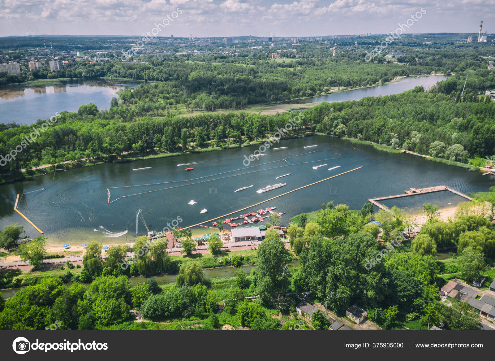 Wake Cable Park Lake Wakeboarding City Aerial Drone Photo — Stock Photo