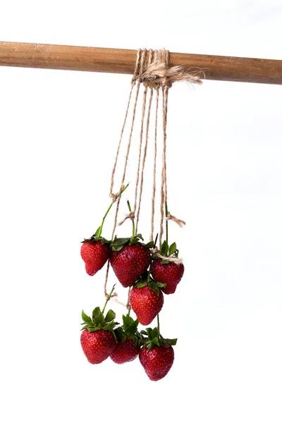 Fresh Stemmed Strawberries Roped Wooden White Background — Stock Photo, Image