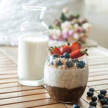 Üzeri yabanmersini, çilek ve mısır gevreği ile süslenmiş Chia Seeds ve Milk.