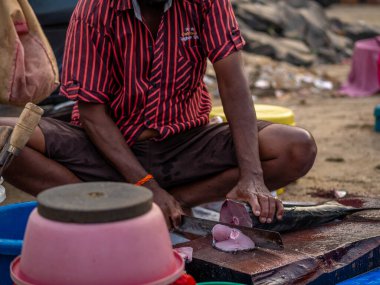 Malvan, Hindistan - 26 Aralık 2019: Malvan balık pazarında taze balık kesen tanımlanamayan balıkçı