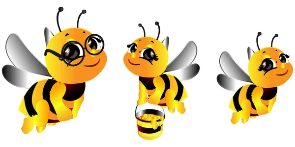 Cartoon Cute Bee Mascot Set Honey Pot Bee Cartoon Flying — Stock Vector