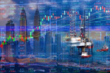 Borsa kavramı ile petrol sondaj platformu ve cityscape arka plan